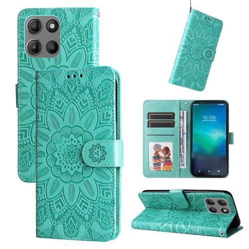 Funda de Piel para Motorola Moto G15 y G15 Power con Diseño de Girasol en Relieve (Verde)