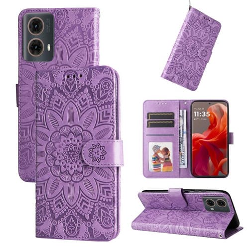 Funda de Piel con Relieve de Girasol para Motorola Moto G85/S50 Neo (Morado)