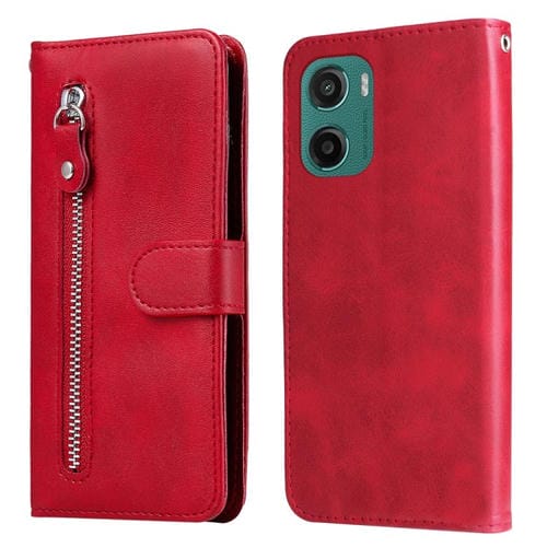 Funda de Piel con Cremallera y Textura de Becerro para Motorola Moto G05/E15 (Rojo)