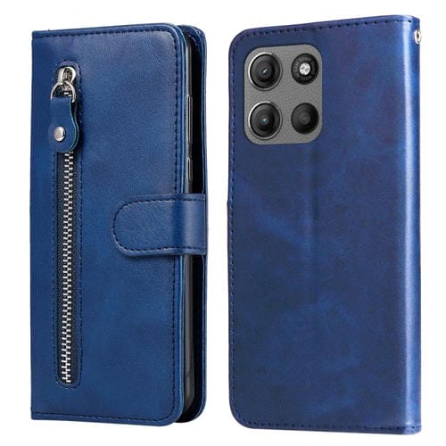 Funda de Piel con Textura de Becerro y Cremallera para Motorola Moto G15/G15 Power (Azul)