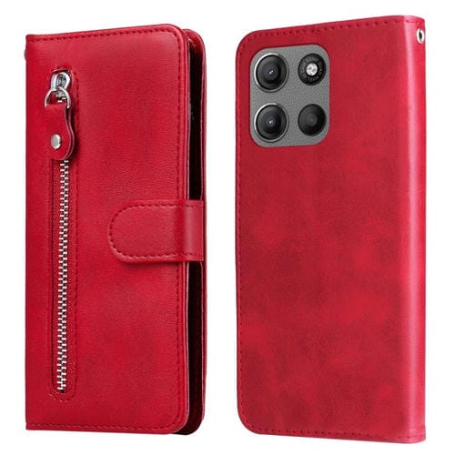 Funda de Piel Textura de Becerro con Cremallera para Motorola Moto G15/G15 Power (Roja)