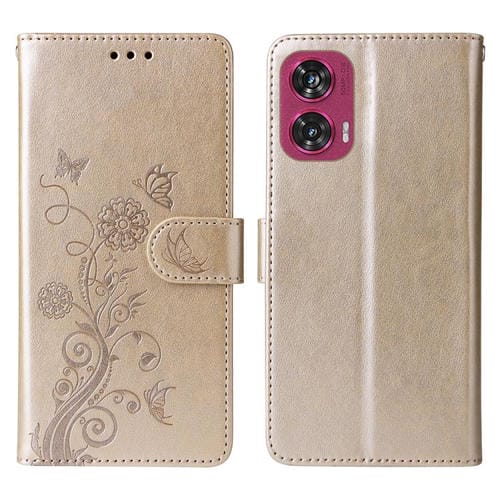 Funda de Cuero Motorola Edge 50 Fusion Diseño Mariposas y Flores en Relieve (Dorada)