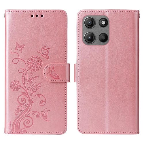 Funda de Cuero Motorola Moto G15/G15 Power con Mariposas y Flores en Relieve (Oro Rosa)