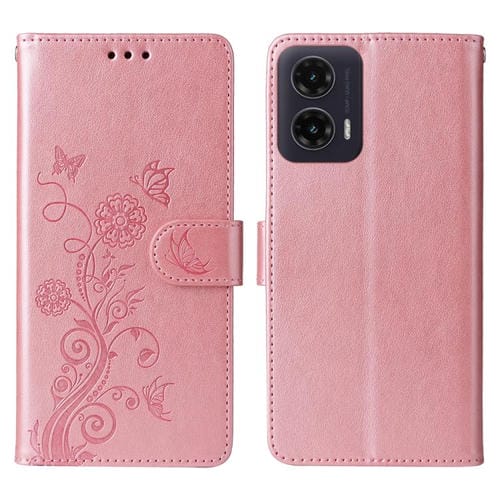 Funda de Cuero Motorola Moto G35 Diseño Mariposas Flores En Relieve (Oro Rosa)