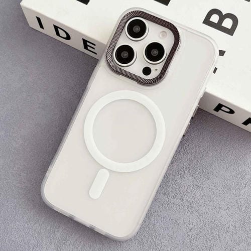 Funda híbrida TPU y PC con marco Lente diamante para iPhone 15 Pro Magsafe (Blanca)