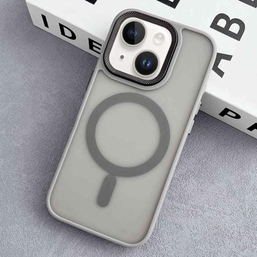 Funda híbrida TPU y PC con marco de Lente de diamante para iPhone 15 Magsafe (Gris)