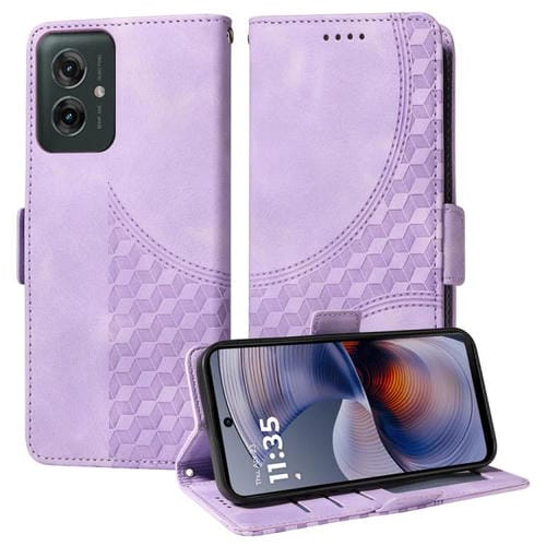 Funda de Cuero para Motorola Moto G55 con Rombos en Relieve y Estrellas (Morado)