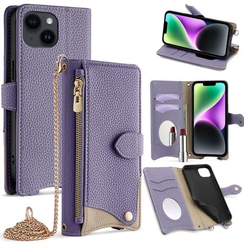 Funda de Piel de Lichi con Diseño de Cola de Pez y Cadena Cruzada para iPhone 14 (Morado)