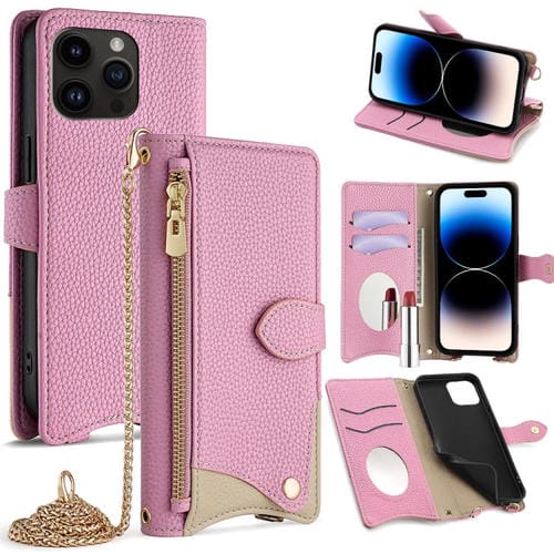 Funda de Piel de Lichi con Diseño de Cola de Pez y Cadena Cruzada para iPhone 14 Pro (Rosa)