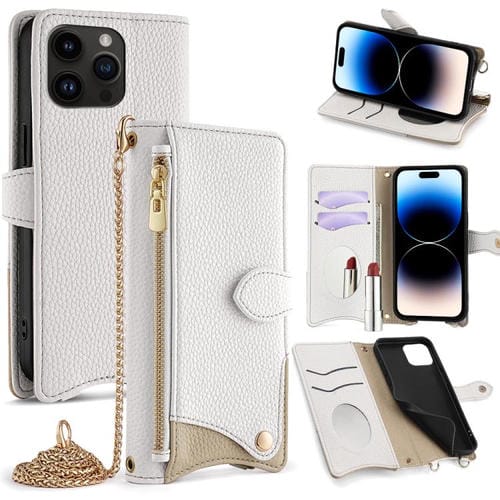 Funda de Piel de Lichi para iPhone 14 Pro Diseño de Cola de Pez y Cadena Cruzada (Blanca)