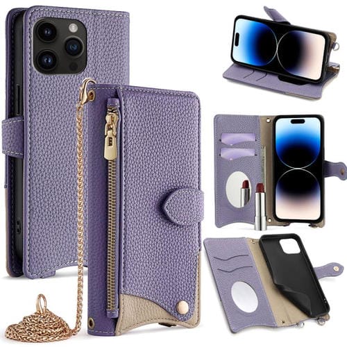 Funda Piel de Lichi iPhone 14 Pro Max Diseño Cola de Pez y Cadena Cruzada (Morado)
