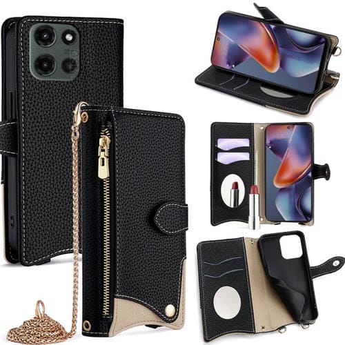 Funda de Cuero con Cadena Cruzada y Diseño Cola de Pez para Motorola Moto G 2025 (Negro)