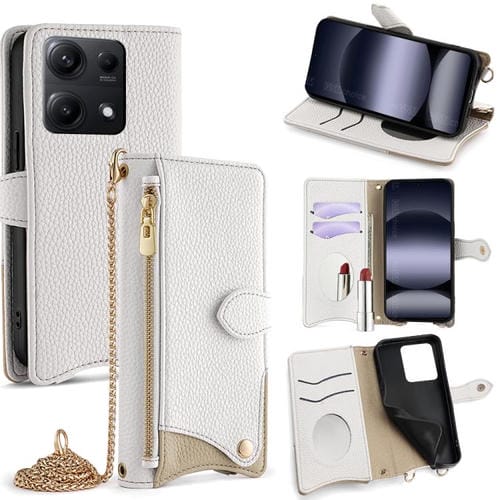 Funda de cuero con diseño de lichi y cadena cruzada para Redmi Note 14S 4G (blanco)