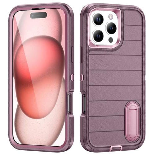 Funda de Silicona y PC Defender Gen2 para iPhone 16 Pro con Soporte (Morado y Rosa Claro)
