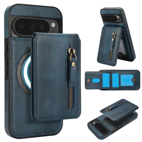 Funda de Cuero con Tapa Trasera Magsafe Dividida y Cremallera para Google Pixel 9/9 Pro (Azul)