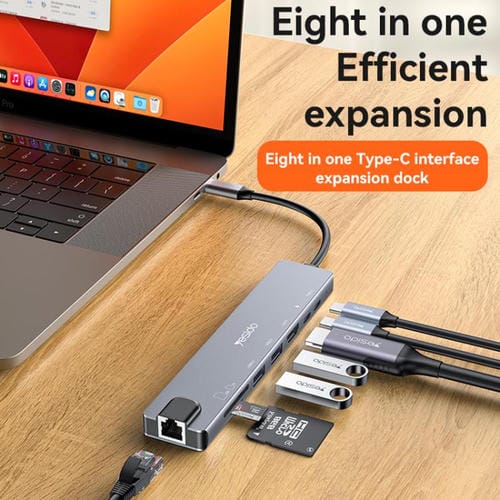 Estación de Acoplamiento Adaptador Hub Multifuncional Tipo C 3.1 8 en 1 Yesido HB27 (Gris Oscuro)