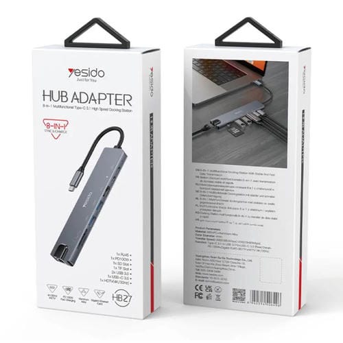 Estación de Acoplamiento Adaptador Hub Multifuncional Tipo C 3.1 8 en 1 Yesido HB27 (Gris Oscuro)