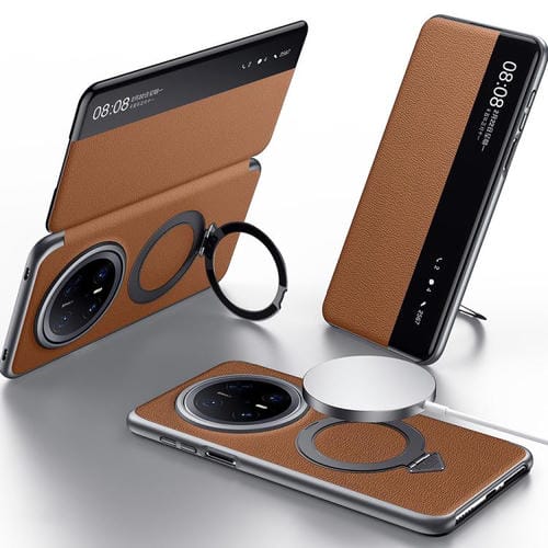 Funda de Cuero Sulada con Soporte Magnético Magsafe y Ventana Smart View para Huawei Mate 70 Pro/Mate 70 Pro+ (Marrón)