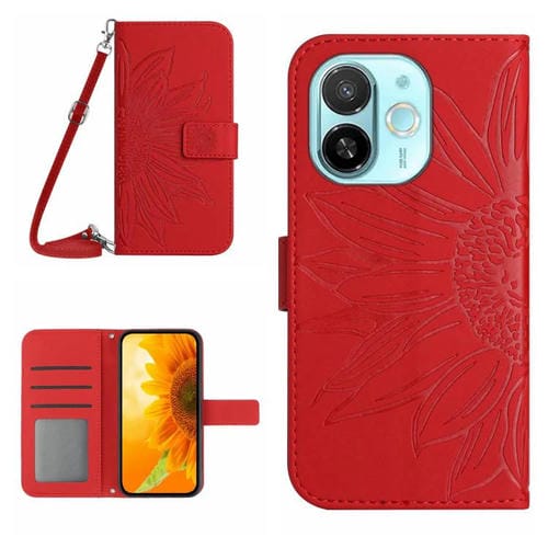 Funda de Cuero con Tapa y Cordón para Tecno Spark 30C 5G con Diseño de Girasol (Rojo)