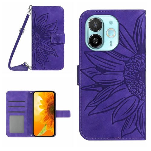 Funda de Cuero con Tapa y Cordón para Tecno Spark 30C 5G con Diseño de Girasol (Morado Oscuro)