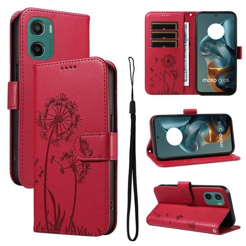 Funda de Cuero con Tapa para Motorola Moto G05 con Diseño de Diente de León (Rojo)