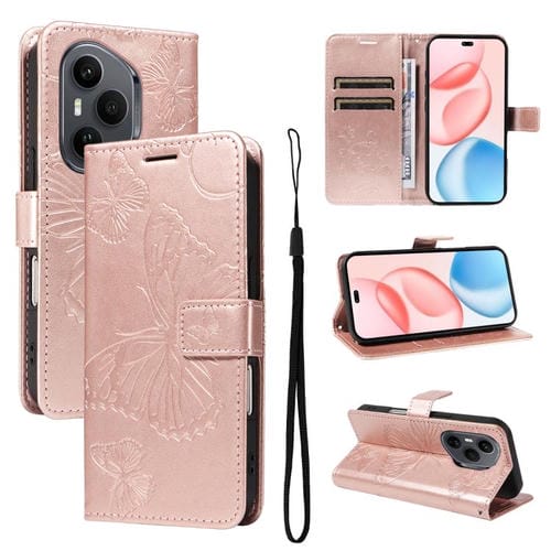 Funda de cuero con tapa y diseño de mariposa en relieve 3D para Honor 400 Pro Global (160,8 mm) (oro rosa)