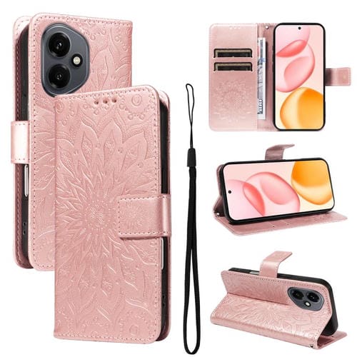 Funda de cuero con tapa y estampado de girasoles en relieve para Honor 400 Global (156,5 mm) (oro rosa)