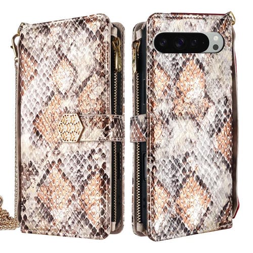 Funda de Piel con Textura de Serpiente y Asa Cruzada para Google Pixel 9 Pro XL (Blanca)