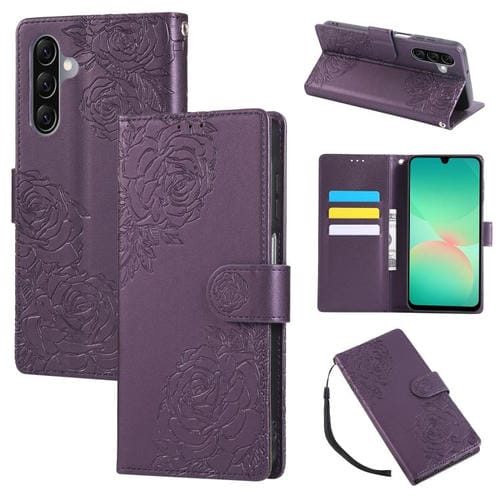 Funda de cuero con relieve de rosa para Samsung Galaxy A17 5G, con 3 ranuras para tarjetas (morado oscuro)