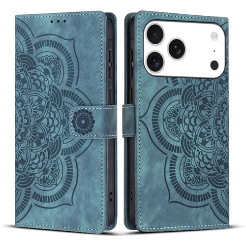 Funda de cuero retro esmerilado con diseño de mandala en relieve para iPhone 17 Pro Max (azul)