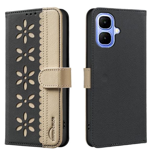 Funda de cuero RFID con estampado floral hueco para Infinix Smart 10 4G (negro)