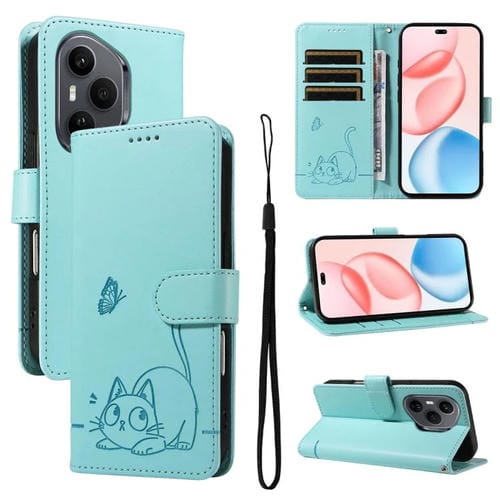 Funda de cuero con tapa y estampado de gato adorable para Honor 400 Pro Global (160,8 mm) (verde)