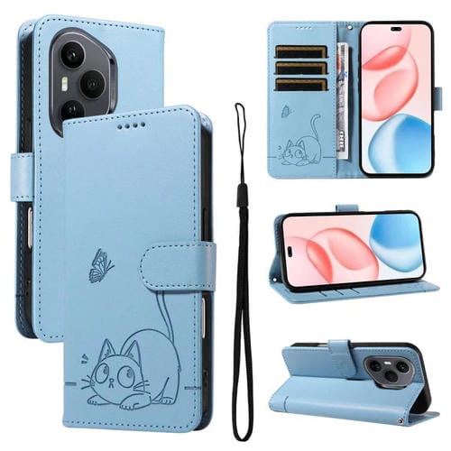 Funda de cuero con tapa y estampado de gato adorable para Honor 400 Pro Global (160,8 mm) (azul cielo)