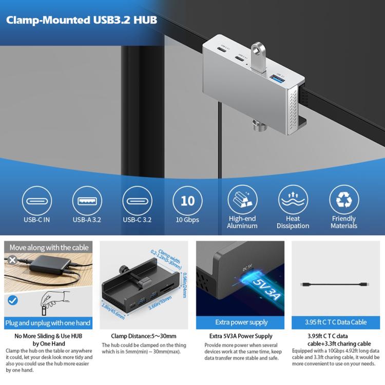 Concentrador de abrazadera ORICO HCL-3A1C-Pro 3 puertos USB y tipo C (Negro) aleación de aluminio