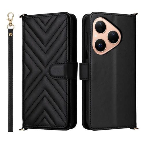 Funda de cuero multifuncional para Huawei Pura 80 5G con 6 ranuras para tarjetas y correa para la muñeca (negra)