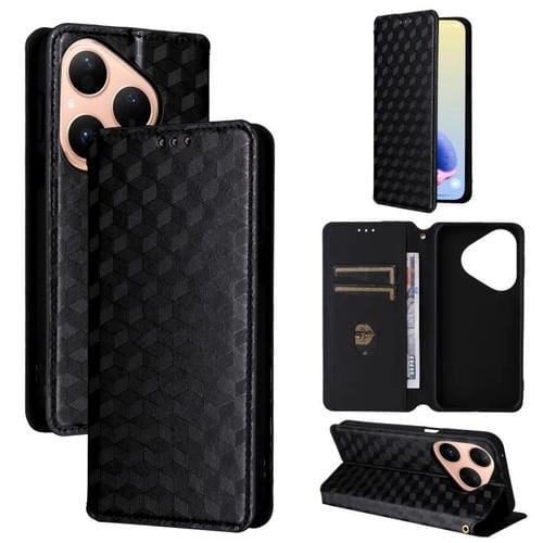 Funda de cuero con tapa y textura de cuadrícula cúbica para Huawei Pura 80 5G (negra)