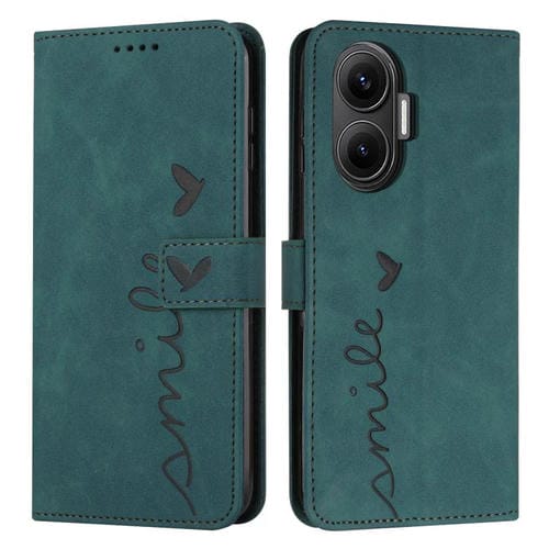 Funda de piel con relieve de corazón para Xiaomi Poco F7 con cordón largo (verde)
