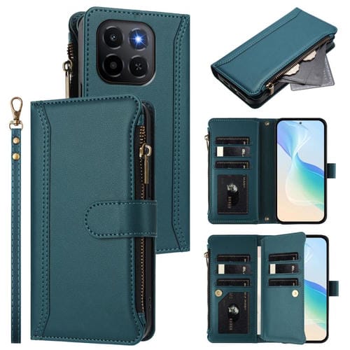 Funda de cuero con cierre magnético para Honor X6c 4G, 9 ranuras para tarjetas, cremallera y correa de mano (verde oscuro)