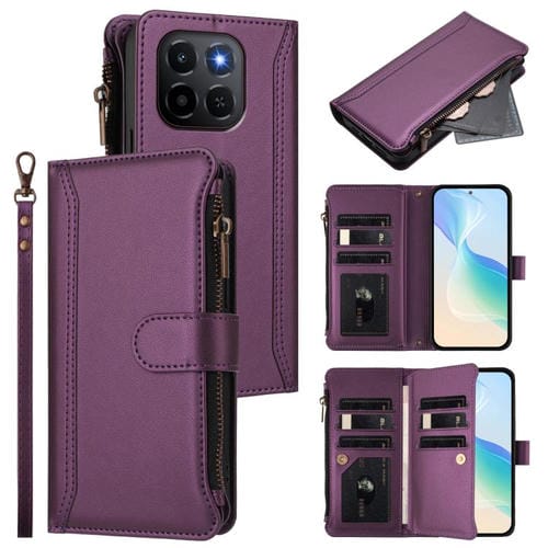 Funda de cuero con cierre magnético para Honor X6c 4G, 9 ranuras para tarjetas, cremallera y correa de mano (morado)