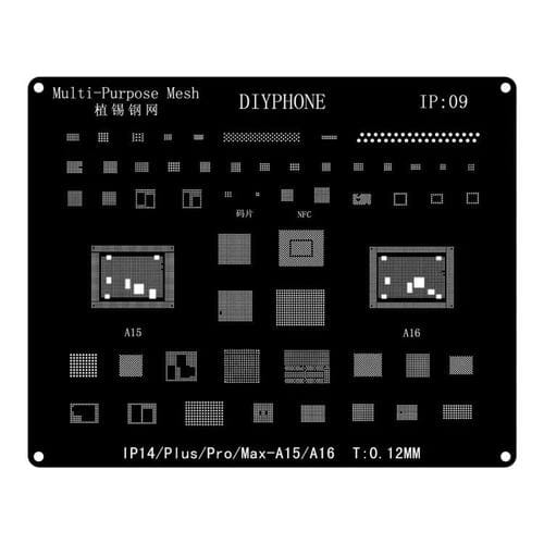Plantilla de Reballing BGA Apple iPhone 14 y 14 Pro Max con Posicionamiento Preciso y Corte Láser de Precisión