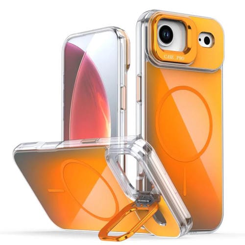 For iPhone 17 Air Gradient Discolor Lens Kickstand Magsafe Phone Case(Orange)