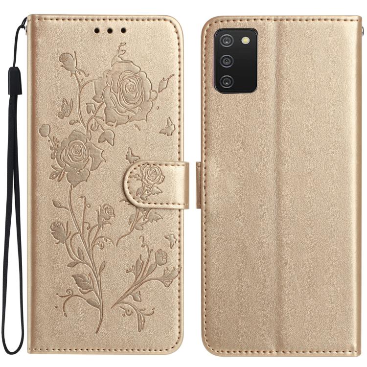 Funda de cuero con estampado floral en relieve para Samsung Galaxy A02S (164 mm, EE. UU.) (dorada)