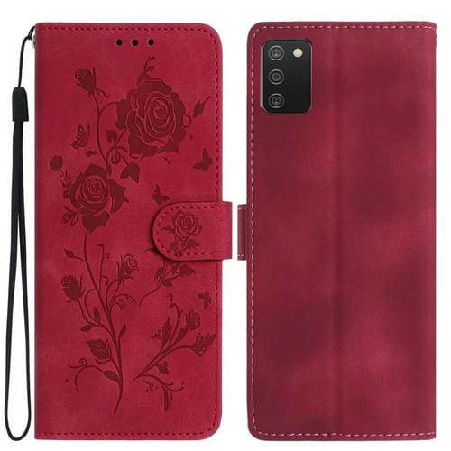 Funda de piel con estampado floral en relieve para Samsung Galaxy A02S (166 mm, UE) (rojo)
