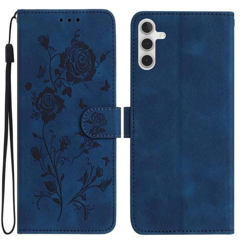 Funda de cuero con estampado floral en relieve para Samsung Galaxy A16 (azul oscuro)