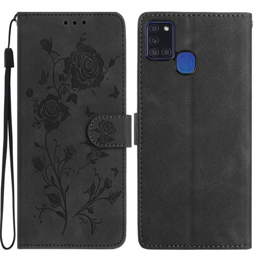 Funda de cuero con estampado de rosas en relieve para Samsung Galaxy A21S (negra)