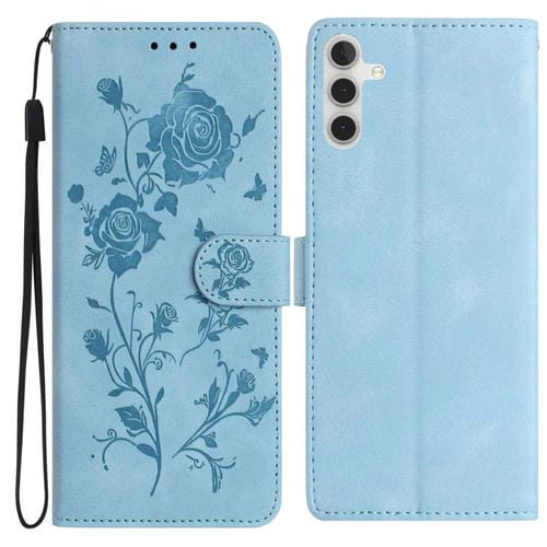 Funda de piel con estampado floral en relieve para Samsung Galaxy A26 (azul cielo)