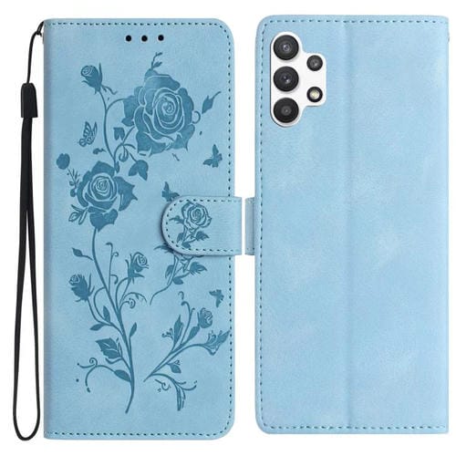 Funda de piel con estampado floral en relieve para Samsung Galaxy A32 5G (azul cielo)