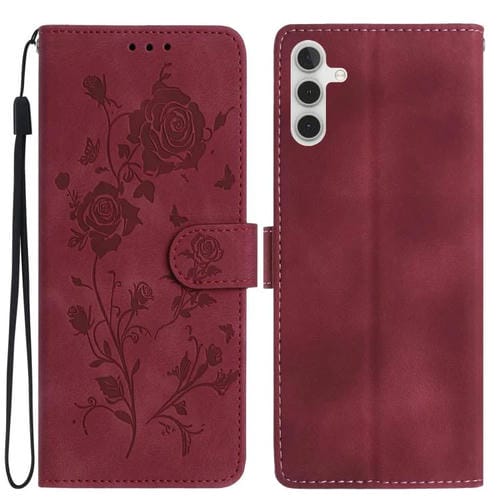 Funda de cuero con estampado de rosas en relieve para Samsung Galaxy A34 (roja)