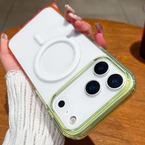Funda MagSafe transparente con degradado de color en contraste para iPhone 17 Pro Max (verde fluorescente y rosa claro)