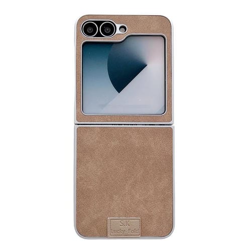 Funda de piel de cordero y corcho para Samsung Galaxy Z Flip6 5G, color marrón (borde plateado)